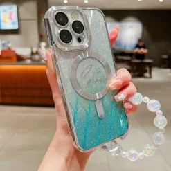 Phone Case For iPhone 16 15 14 Pro Max Plus 13 12 11 Pro Max Back Cover Magnetic Adsorption with Lanyard Support Wireless Charging Bling Glitter Shiny Heart PC