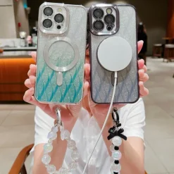 Phone Case For iPhone 16 15 14 Pro Max Plus 13 12 11 Pro Max Back Cover Magnetic Adsorption with Lanyard Support Wireless Charging Bling Glitter Shiny Heart PC