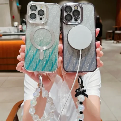 Phone Case For iPhone 16 15 14 Pro Max Plus 13 12 11 Pro Max Back Cover Magnetic Adsorption with Lanyard Support Wireless Charging Bling Glitter Shiny Heart PC