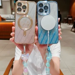 Phone Case For iPhone 16 15 14 Pro Max Plus 13 12 11 Pro Max Back Cover Magnetic Adsorption with Lanyard Support Wireless Charging Bling Glitter Shiny Heart PC
