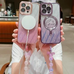 Phone Case For iPhone 16 15 14 Pro Max Plus 13 12 11 Pro Max Back Cover Magnetic Adsorption with Lanyard Support Wireless Charging Bling Glitter Shiny Heart PC