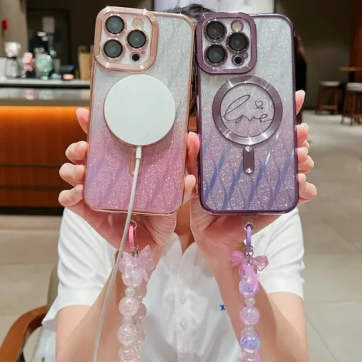 Phone Case For iPhone 16 15 14 Pro Max Plus 13 12 11 Pro Max Back Cover Magnetic Adsorption with Lanyard Support Wireless Charging Bling Glitter Shiny Heart PC