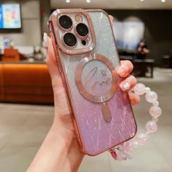 Phone Case For iPhone 16 15 14 Pro Max Plus 13 12 11 Pro Max Back Cover Magnetic Adsorption with Lanyard Support Wireless Charging Bling Glitter Shiny Heart PC