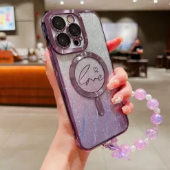 Phone Case For iPhone 16 15 14 Pro Max Plus 13 12 11 Pro Max Back Cover Magnetic Adsorption with Lanyard Support Wireless Charging Bling Glitter Shiny Heart PC