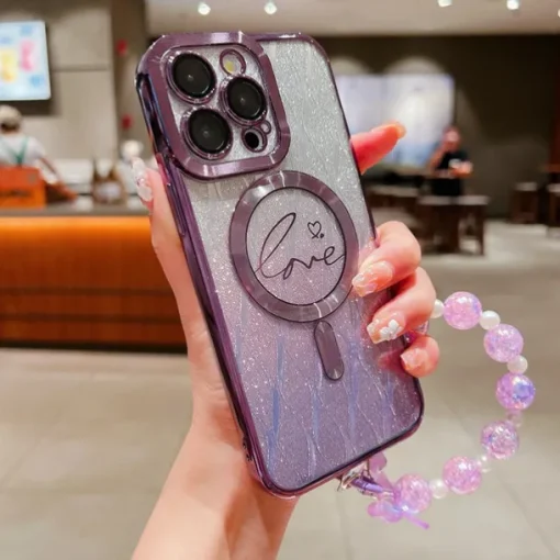 Phone Case For iPhone 16 15 14 Pro Max Plus 13 12 11 Pro Max Back Cover Magnetic Adsorption with Lanyard Support Wireless Charging Bling Glitter Shiny Heart PC