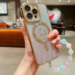 Phone Case For iPhone 16 15 14 Pro Max Plus 13 12 11 Pro Max Back Cover Magnetic Adsorption with Lanyard Support Wireless Charging Bling Glitter Shiny Heart PC
