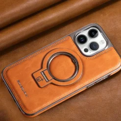 Phone Case For iPhone 16 15 14 Pro Max Plus 13 12 11 Pro Max Back Cover Ring Holder Magnetic Support Wireless Charging Retro Genuine Leather Stainless Steel