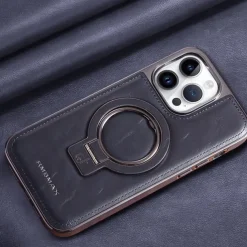 Phone Case For iPhone 16 15 14 Pro Max Plus 13 12 11 Pro Max Back Cover Ring Holder Magnetic Support Wireless Charging Retro Genuine Leather Stainless Steel