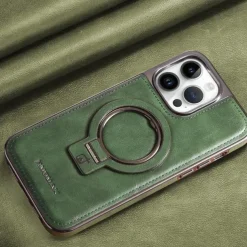 Phone Case For iPhone 16 15 14 Pro Max Plus 13 12 11 Pro Max Back Cover Ring Holder Magnetic Support Wireless Charging Retro Genuine Leather Stainless Steel