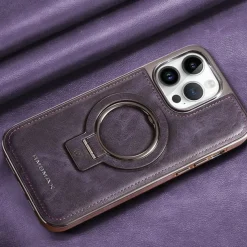 Phone Case For iPhone 16 15 14 Pro Max Plus 13 12 11 Pro Max Back Cover Ring Holder Magnetic Support Wireless Charging Retro Genuine Leather Stainless Steel