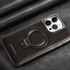 Phone Case For iPhone 16 15 14 Pro Max Plus 13 12 11 Pro Max Back Cover Ring Holder Magnetic Support Wireless Charging Retro Genuine Leather Stainless Steel