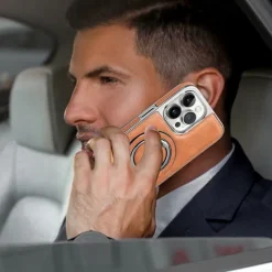 Phone Case For iPhone 16 15 14 Pro Max Plus 13 12 11 Pro Max Back Cover Ring Holder Magnetic Support Wireless Charging Retro Genuine Leather Stainless Steel