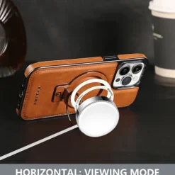 Phone Case For iPhone 16 15 14 Pro Max Plus 13 12 11 Pro Max Back Cover Ring Holder Magnetic Support Wireless Charging Retro Genuine Leather Stainless Steel