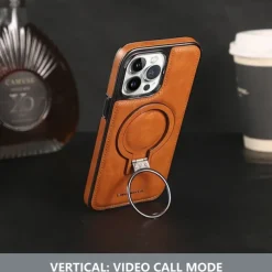 Phone Case For iPhone 16 15 14 Pro Max Plus 13 12 11 Pro Max Back Cover Ring Holder Magnetic Support Wireless Charging Retro Genuine Leather Stainless Steel