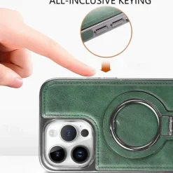 Phone Case For iPhone 16 15 14 Pro Max Plus 13 12 11 Pro Max Back Cover Ring Holder Magnetic Support Wireless Charging Retro Genuine Leather Stainless Steel