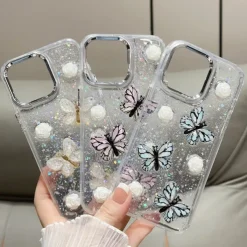 Phone Case For iPhone 13 12 11 Pro Max Back Cover Translucent Bling Glitter Shiny Shockproof Butterfly PC