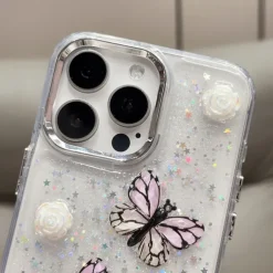 Phone Case For iPhone 13 12 11 Pro Max Back Cover Translucent Bling Glitter Shiny Shockproof Butterfly PC