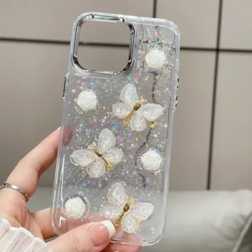 Phone Case For iPhone 13 12 11 Pro Max Back Cover Translucent Bling Glitter Shiny Shockproof Butterfly PC