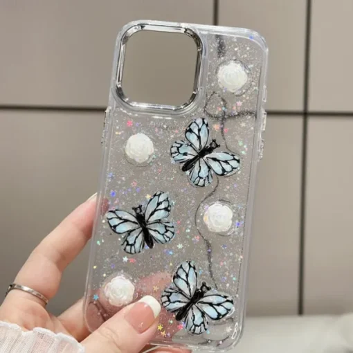 Phone Case For iPhone 13 12 11 Pro Max Back Cover Translucent Bling Glitter Shiny Shockproof Butterfly PC