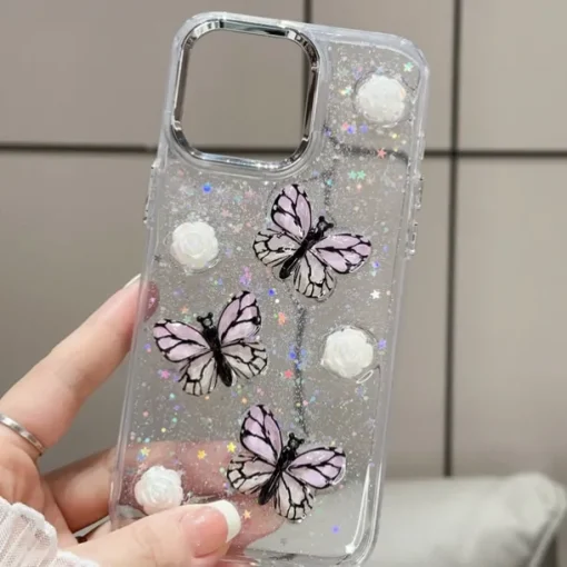 Phone Case For iPhone 13 12 11 Pro Max Back Cover Translucent Bling Glitter Shiny Shockproof Butterfly PC