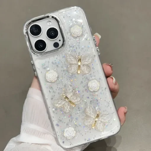 Phone Case For iPhone 13 12 11 Pro Max Back Cover Translucent Bling Glitter Shiny Shockproof Butterfly PC