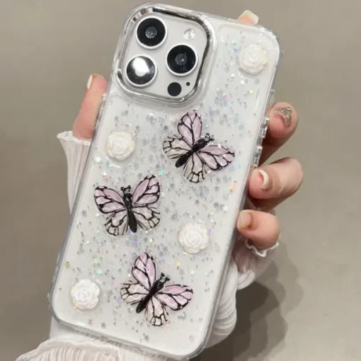 Phone Case For iPhone 13 12 11 Pro Max Back Cover Translucent Bling Glitter Shiny Shockproof Butterfly PC