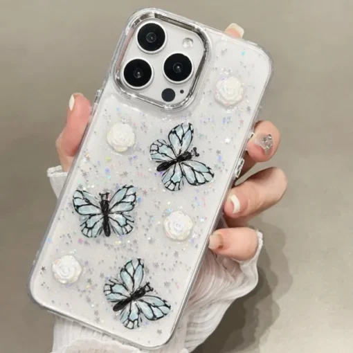 Phone Case For iPhone 13 12 11 Pro Max Back Cover Translucent Bling Glitter Shiny Shockproof Butterfly PC