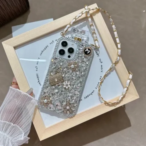 Phone Case For iPhone 16 15 14 Pro Max Plus 13 12 11 Pro Max Mini Back Cover with Lanyard Non-Yellowing Bling Glitter Shiny Flower Floral TPU Rhinestone