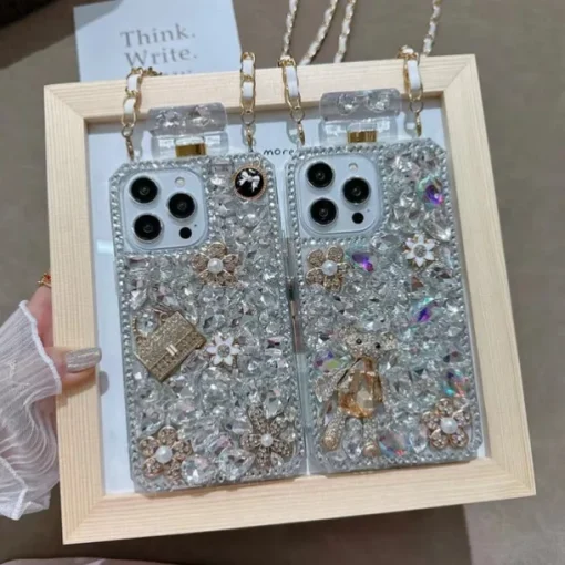 Phone Case For iPhone 16 15 14 Pro Max Plus 13 12 11 Pro Max Mini Back Cover with Lanyard Non-Yellowing Bling Glitter Shiny Flower Floral TPU Rhinestone