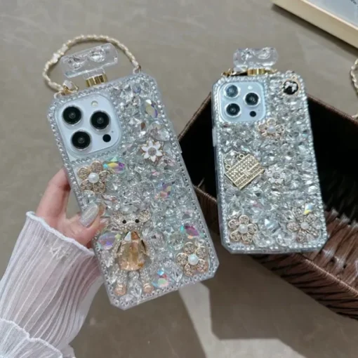 Phone Case For iPhone 16 15 14 Pro Max Plus 13 12 11 Pro Max Mini Back Cover with Lanyard Non-Yellowing Bling Glitter Shiny Flower Floral TPU Rhinestone