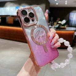 Phone Case For iPhone 16 15 14 Pro Max Plus 13 12 11 Pro Max Back Cover Magnetic Adsorption Transparent with Lanyard Support Wireless Charging Heart Color Gradient PC