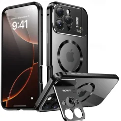 Phone Case For iPhone 16 15 14 Pro Max 13 Pro Max Magnetic Adsorption With Magsafe with Stand Holder Transparent Magnetic Metal