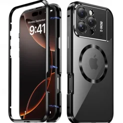 Phone Case For iPhone 16 15 14 Pro Max 13 Pro Max Magnetic Adsorption With Magsafe with Stand Holder Transparent Magnetic Metal