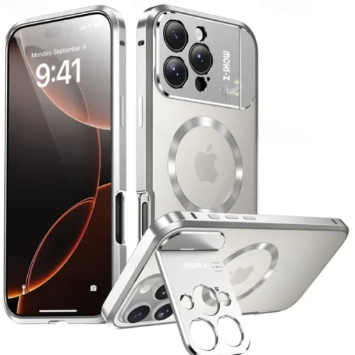 Phone Case For iPhone 16 15 14 Pro Max 13 Pro Max Magnetic Adsorption With Magsafe with Stand Holder Transparent Magnetic Metal