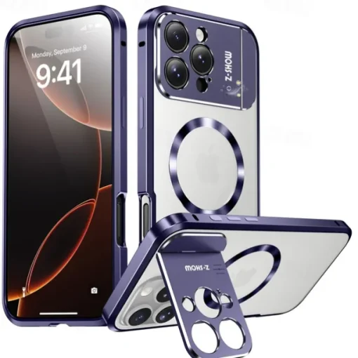 Phone Case For iPhone 16 15 14 Pro Max 13 Pro Max Magnetic Adsorption With Magsafe with Stand Holder Transparent Magnetic Metal