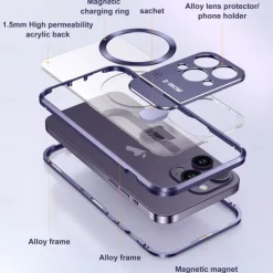 Phone Case For iPhone 16 15 14 Pro Max 13 Pro Max Magnetic Adsorption With Magsafe with Stand Holder Transparent Magnetic Metal