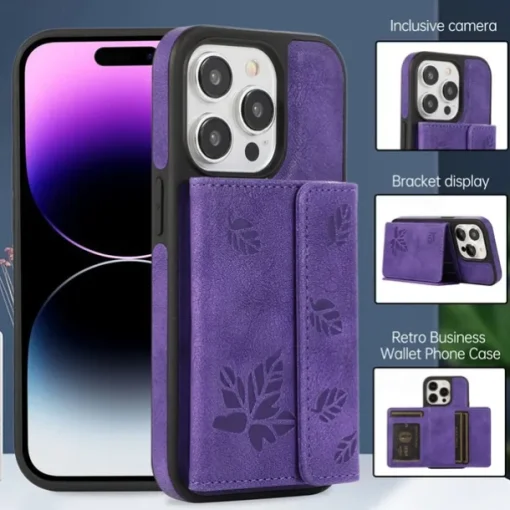 Phone Case For iPhone 15 14 Pro Max Plus 13 12 Pro Max Back Cover with Stand Holder Card Slot Shockproof Retro TPU PU Leather