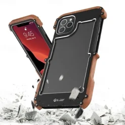 Phone Case For iPhone 15 14 Pro Max Plus 13 12 11 Pro Max Bumper Frame 4 Corners Protection Solid Color Wooden Aluminum Alloy