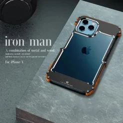 Phone Case For iPhone 15 14 Pro Max Plus 13 12 11 Pro Max Bumper Frame 4 Corners Protection Solid Color Wooden Aluminum Alloy