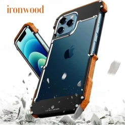 Phone Case For iPhone 15 14 Pro Max Plus 13 12 11 Pro Max Bumper Frame 4 Corners Protection Solid Color Wooden Aluminum Alloy