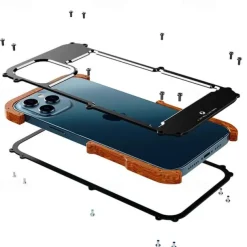 Phone Case For iPhone 15 14 Pro Max Plus 13 12 11 Pro Max Bumper Frame 4 Corners Protection Solid Color Wooden Aluminum Alloy