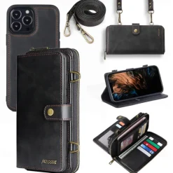 Phone Case For iPhone 15 14 Pro Max Plus 13 12 11 Pro Max Mini Wallet Case Magnetic with Lanyard Shockproof Solid Color TPU PC PU Leather