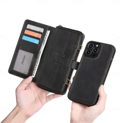 Phone Case For iPhone 15 14 Pro Max Plus 13 12 11 Pro Max Mini Wallet Case Magnetic with Lanyard Shockproof Solid Color TPU PC PU Leather