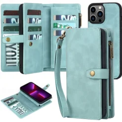 Phone Case For iPhone 15 14 Pro Max Plus 13 12 11 Pro Max Wallet Case with Stand Holder Magnetic Zipper Solid Color PU Leather