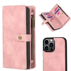 Phone Case For iPhone 15 14 Pro Max Plus 13 12 11 Pro Max Wallet Case with Stand Holder Magnetic Zipper Solid Color PU Leather