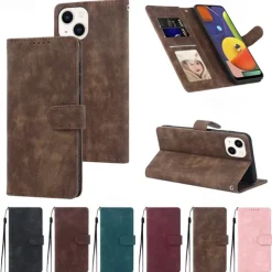 Phone Case For iPhone 15 14 Pro Max Plus 13 12 11 Pro Max Mini Wallet Case with Wrist Strap Kickstand Card Slot Retro TPU PU Leather