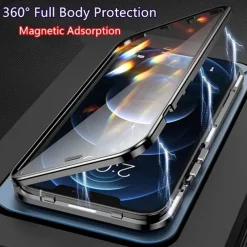 Phone Case For iPhone 14 Pro Max Plus 13 12 11 Pro Max Magnetic Adsorption With Magsafe Double Sided Shockproof Tempered Glass Metal