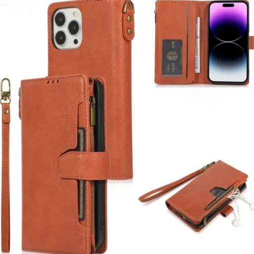 Phone Case For iPhone 14 Pro Max Plus 13 12 11 Pro Max Flip Cover with Stand Holder with Wrist Strap Card Slot Retro TPU PU Leather