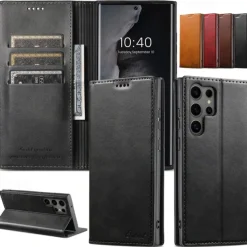 Phone Case For S25 S24 S23 Ultra Plus S22 Plus Ultra Back Cover with Stand Holder Magnetic Card Slot Retro PC PU Leather