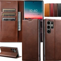 Phone Case For S25 S24 S23 Ultra Plus S22 Plus Ultra Back Cover with Stand Holder Magnetic Card Slot Retro PC PU Leather